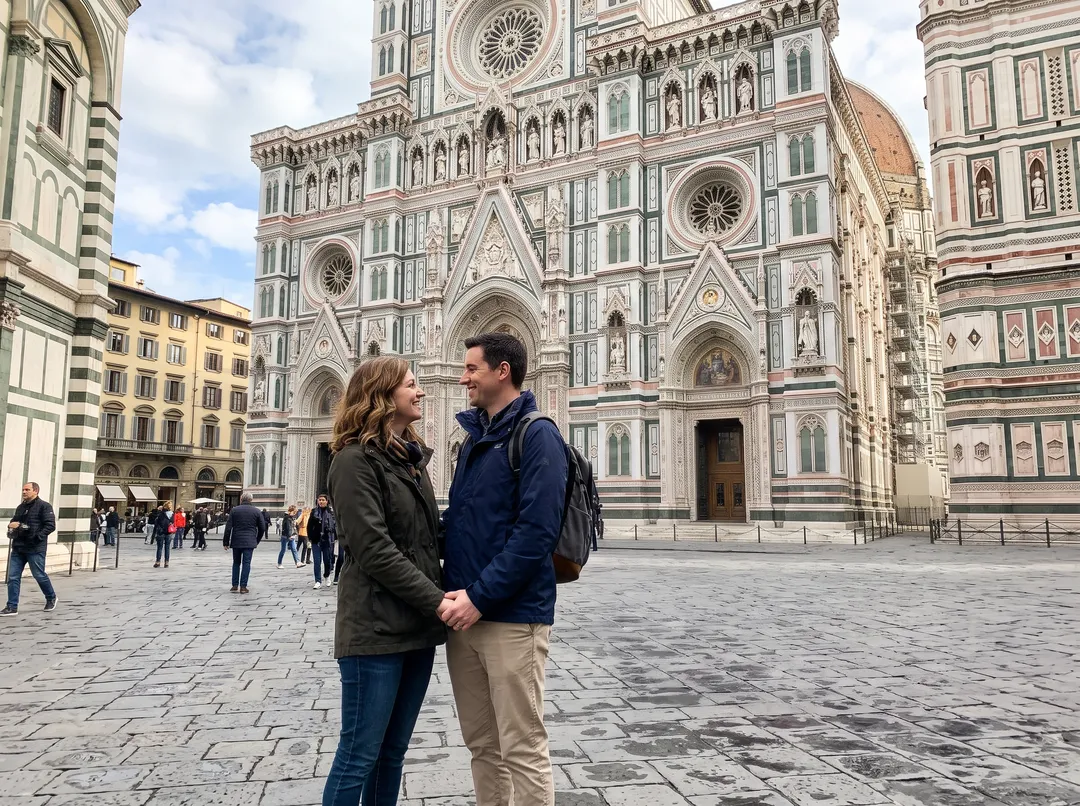 Photo of a couple holding hands in front of a gothic cathedral, after removing a tour group and its guide