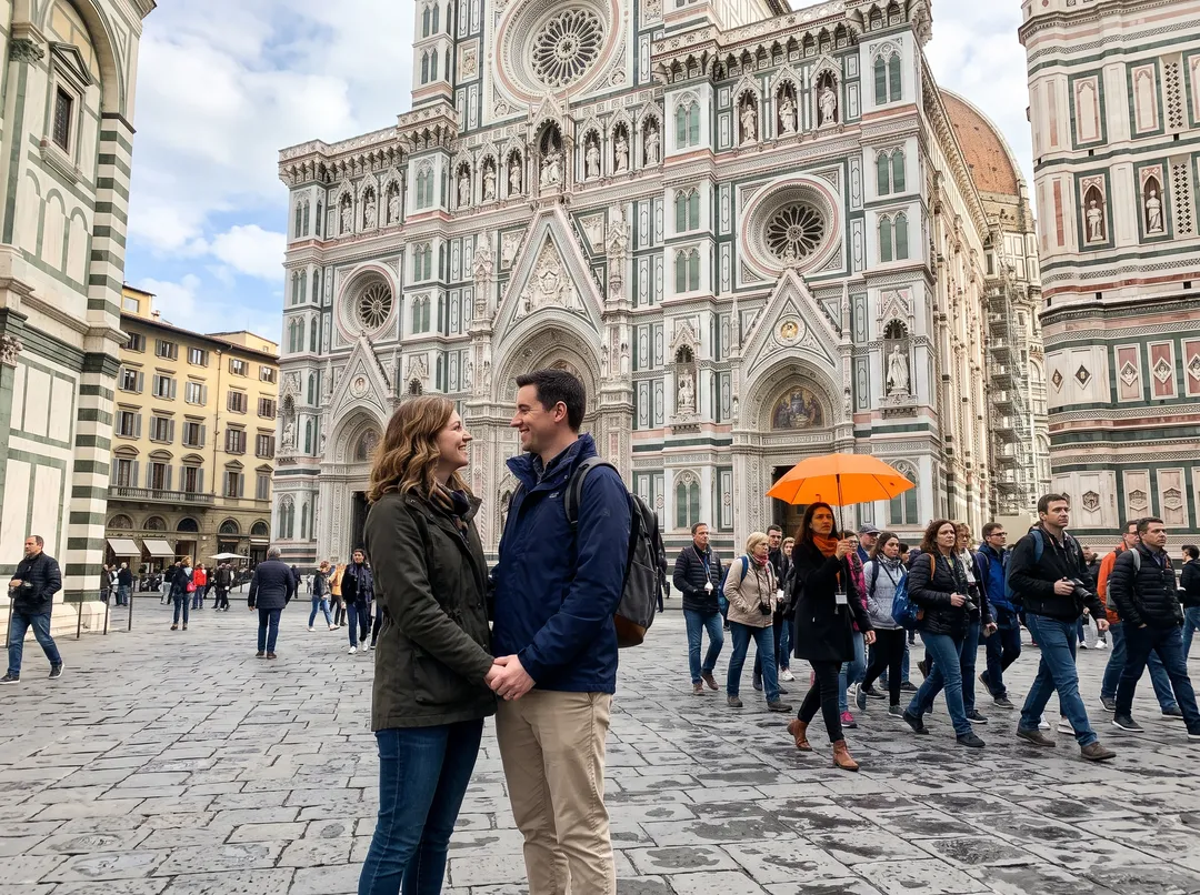 Photo of a couple holding hands in front of a gothic cathedral, with other people in the frame