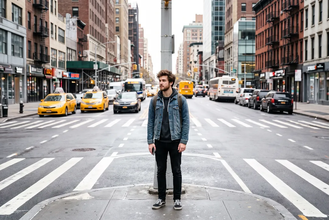 Photo of a young man in a denim jacket at a city crosswalk, after removing commuters crossing the street