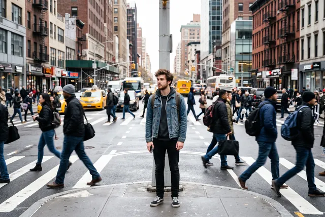 Photo of a young man in a denim jacket at a city crosswalk, with other people in the frame
