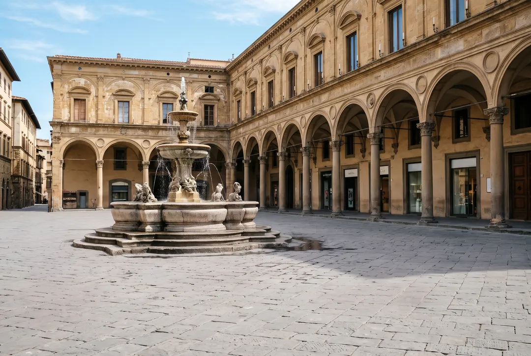 Photo of a sunny plaza with a stone fountain and arcades, after removing about twenty people