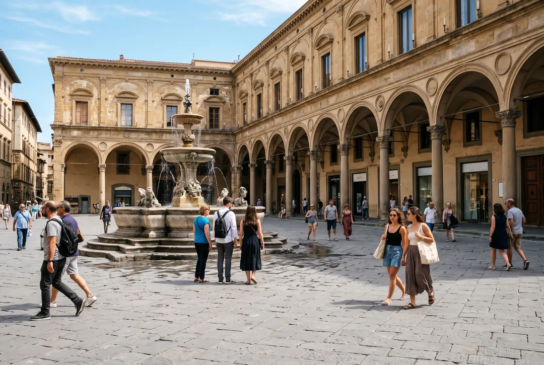 Photo of a sunny plaza with a stone fountain and arcades, with other people in the frame