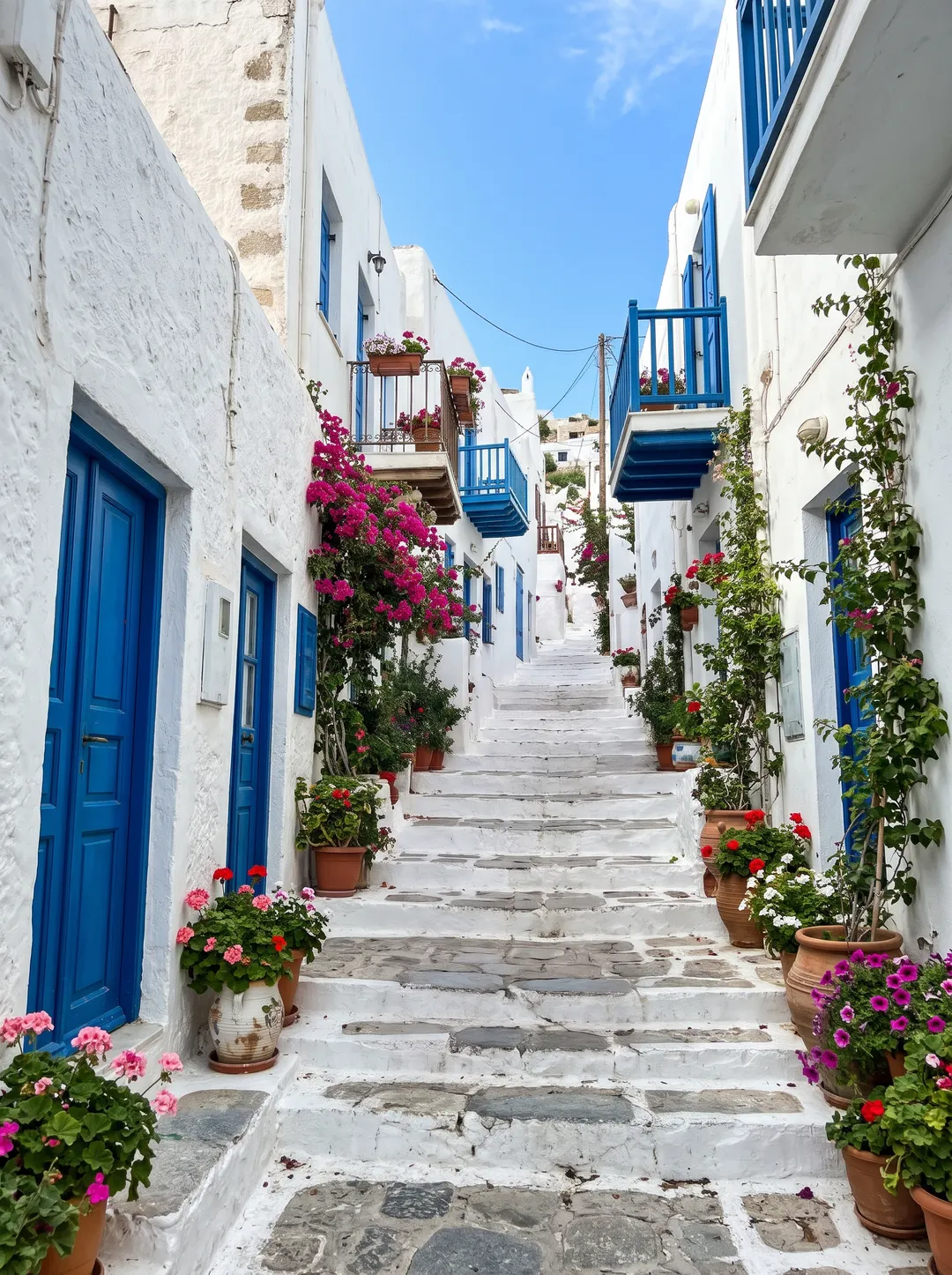 Photo of a whitewashed alley with blue doors on a Greek island, after removing everyone in the alley