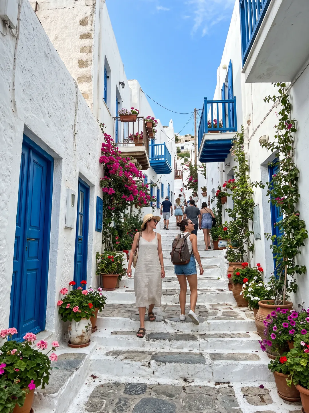 Photo of a whitewashed alley with blue doors on a Greek island, with other people in the frame