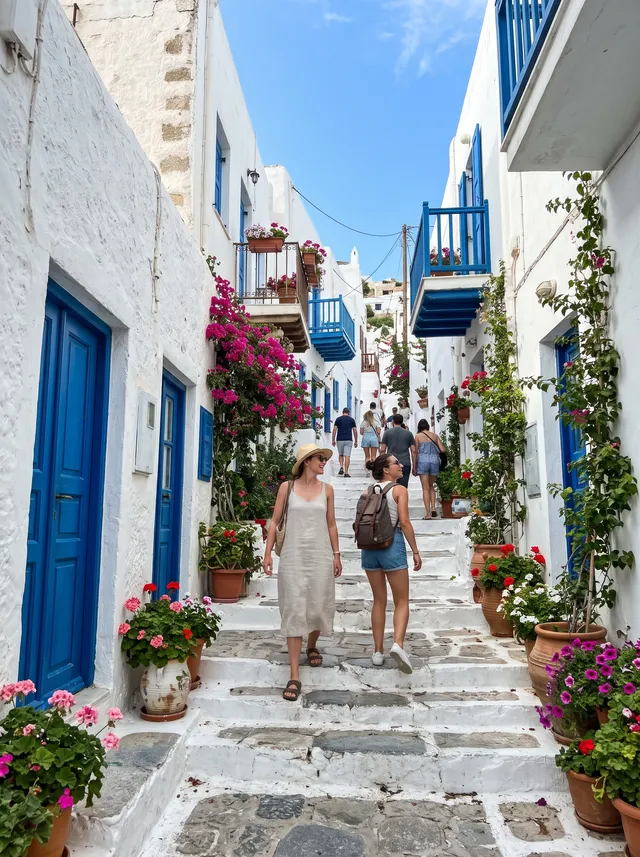 Photo of a whitewashed alley with blue doors on a Greek island, with other people in the frame