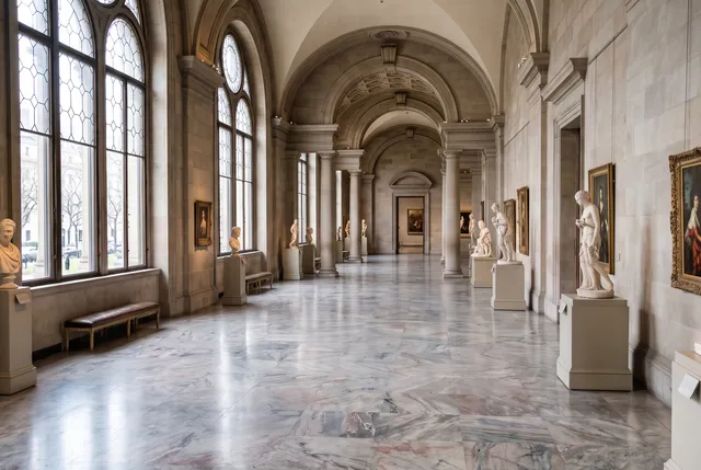 Photo of a museum hall with marble floors and arched windows, after removing all the visitors
