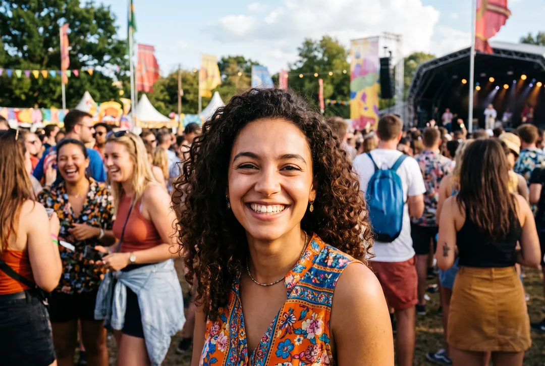 Photo of a young woman with curly hair at an outdoor summer festival, after removing a stranger making a face