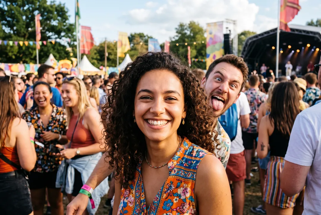 Photo of a young woman with curly hair at an outdoor summer festival, with other people in the frame