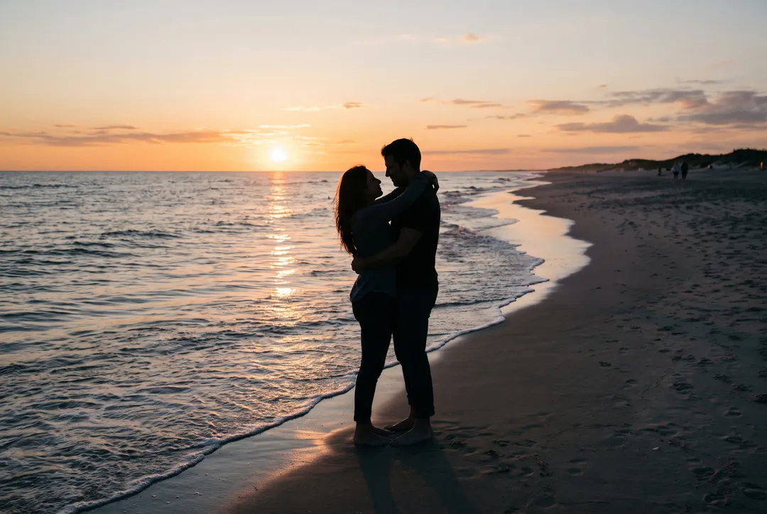 Photo of a couple embracing on a beach at golden hour, after removing a man walking a dog