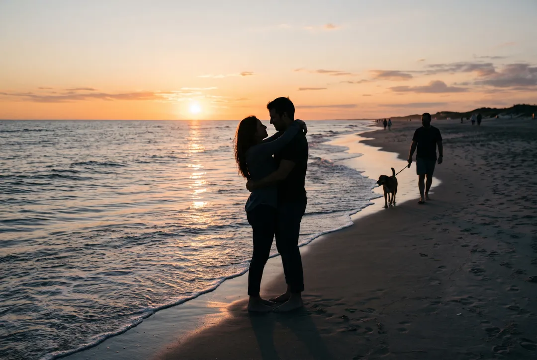 Photo of a couple embracing on a beach at golden hour, with other people in the frame