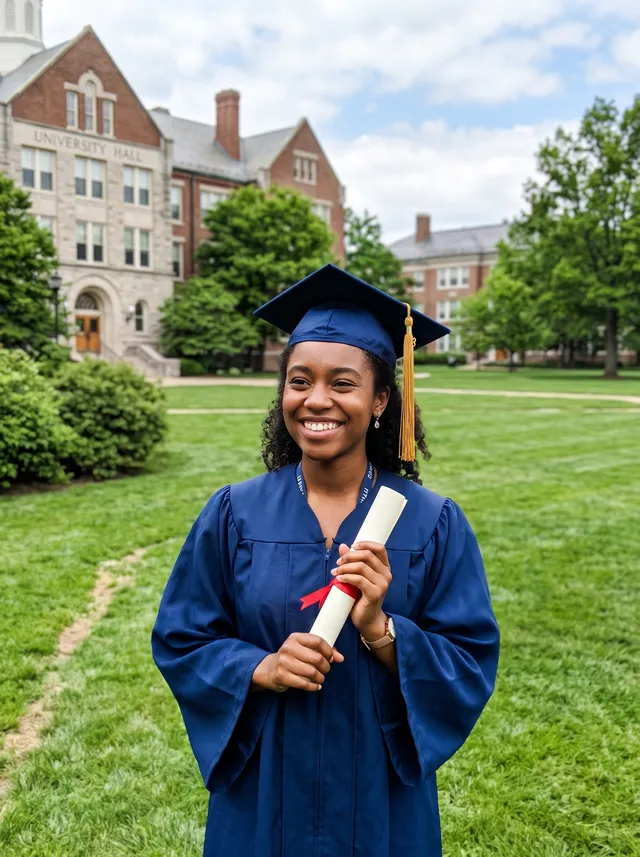Photo of a graduate in a cap and gown holding a diploma on a university lawn, after removing other graduates and families
