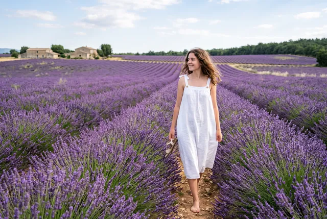 Photo of a girl in a white dress walking through a lavender field, after removing a family taking photos