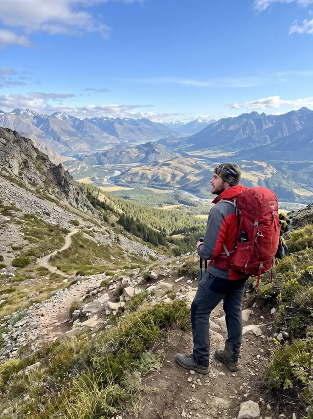 Photo of a hiker with a red backpack on a mountain trail above a valley, after removing a line of other hikers