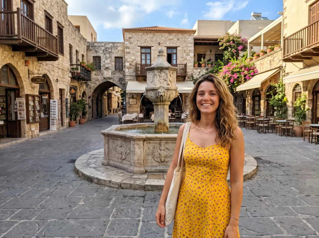 Photo of a woman in a yellow sundress in a sunny old-town square with a stone fountain, after removing about a dozen tourists