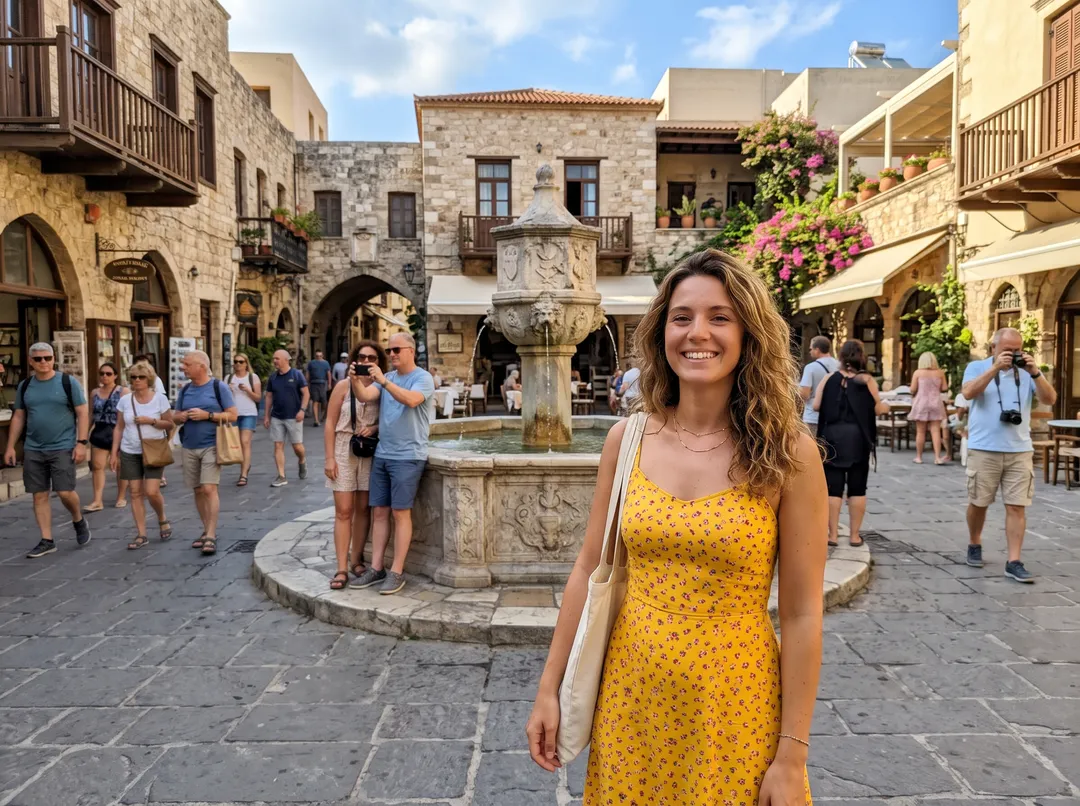 Photo of a woman in a yellow sundress in a sunny old-town square with a stone fountain, with other people in the frame