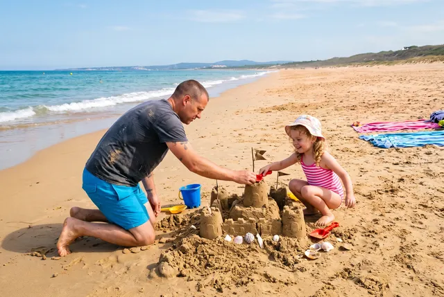 Photo of a father and daughter building a sandcastle on a sandy beach, after removing swimmers and sunbathers