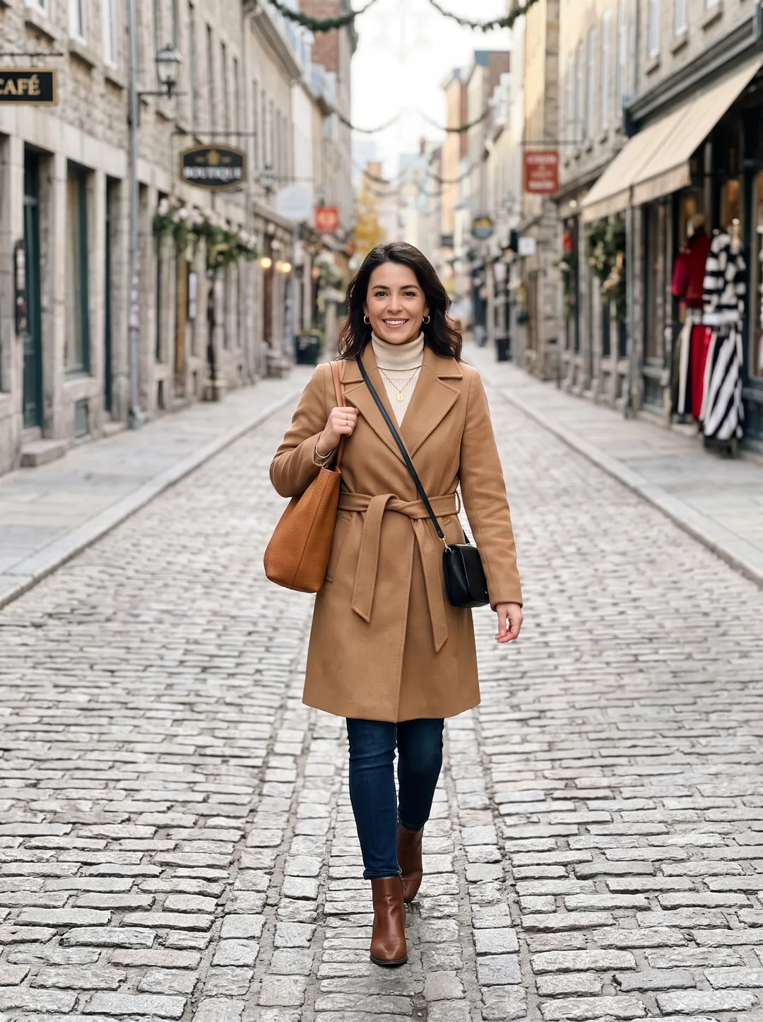 Photo of a woman in a camel coat on a cobblestone shopping street, after removing the shoppers behind her