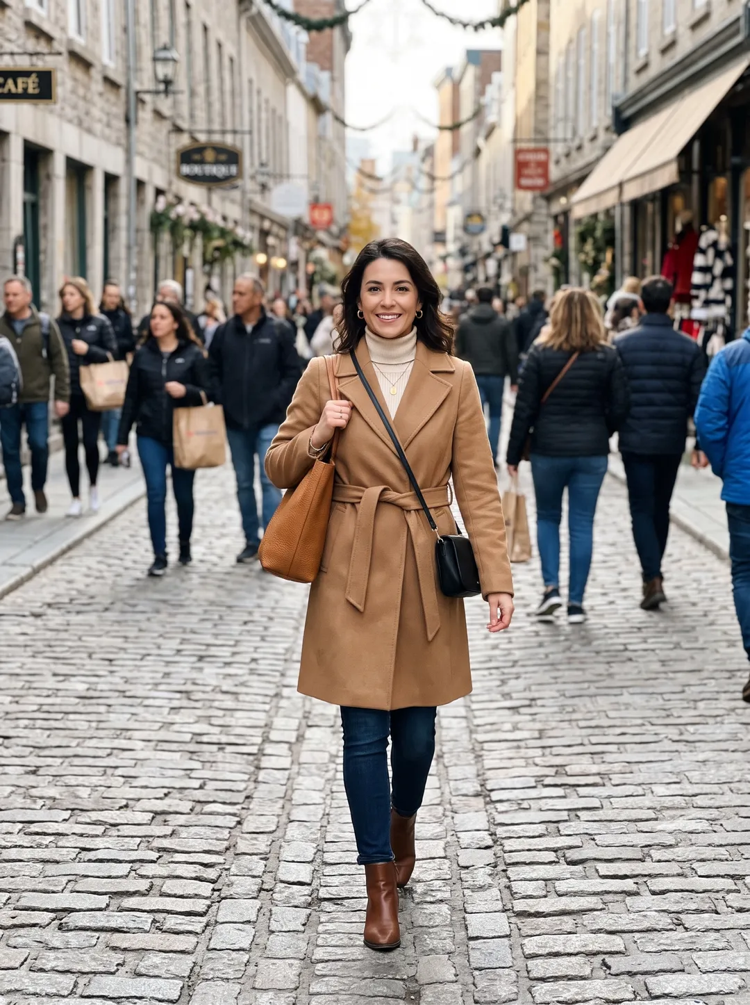 Photo of a woman in a camel coat on a cobblestone shopping street, with other people in the frame