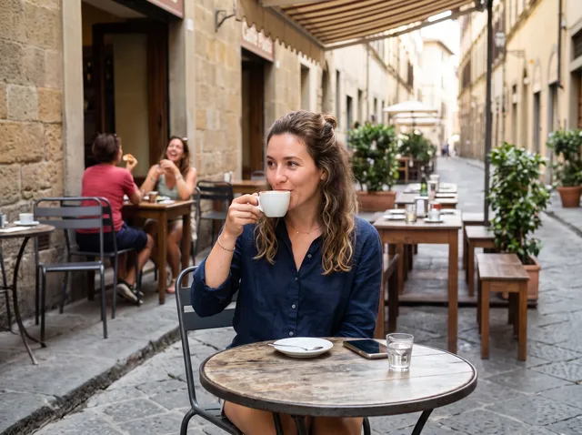 Photo of a woman with a coffee cup at a sidewalk cafe table, after removing a waiter and several customers
