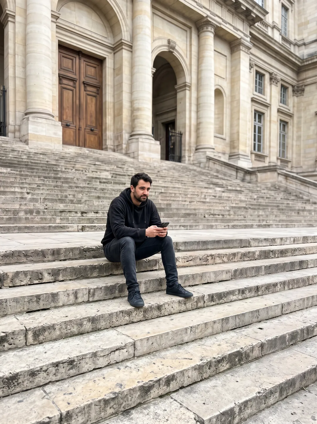 Photo of a man in a black hoodie sitting on wide stone steps, after removing everyone else on the steps