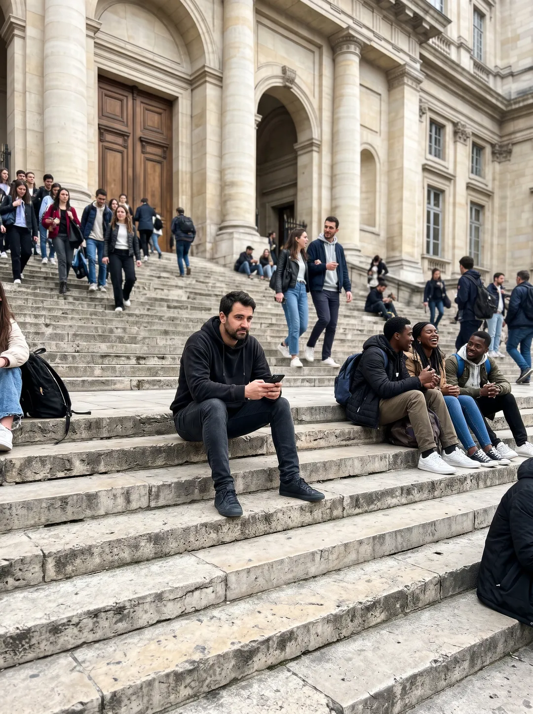 Photo of a man in a black hoodie sitting on wide stone steps, with other people in the frame