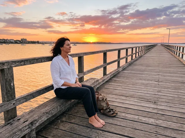 Photo of a woman in a white linen shirt sitting on a wooden pier at sunset, after removing two people fishing and a jogger