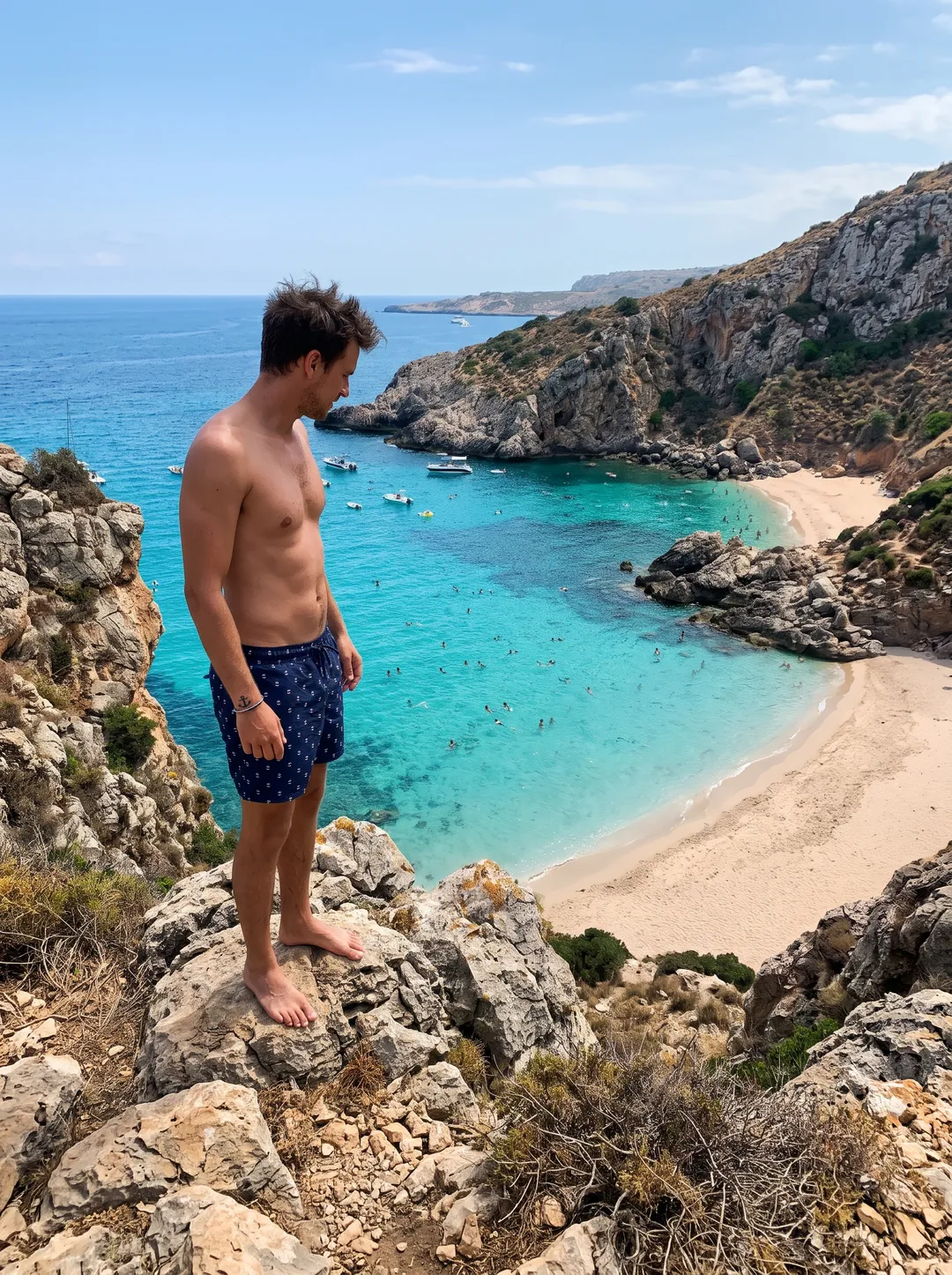 Photo of a man standing on rocks above a turquoise cove, after removing swimmers and sunbathers below