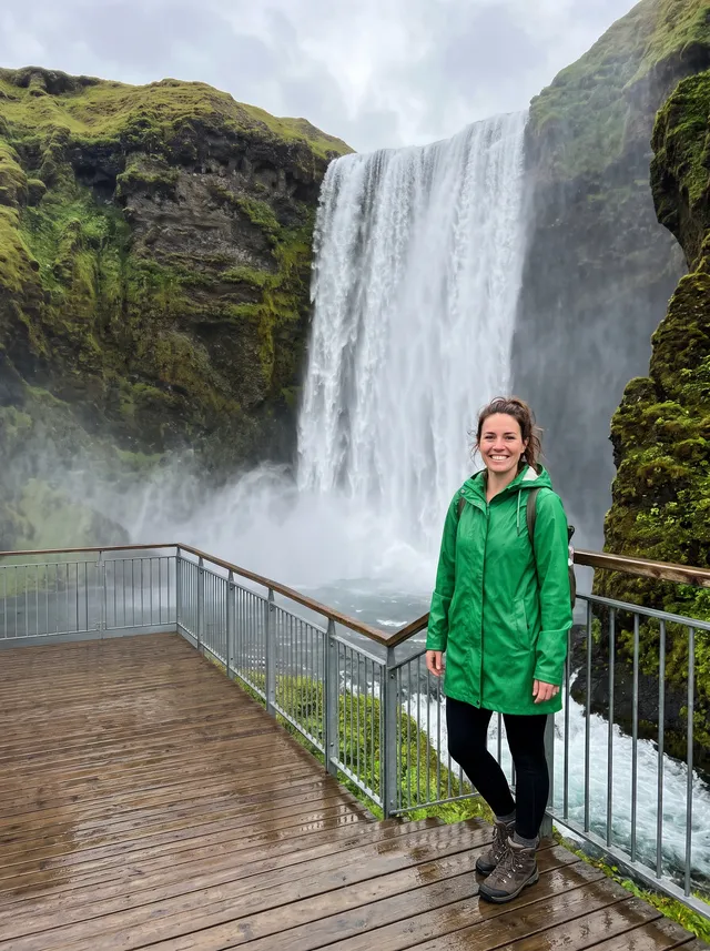 Photo of a woman in a green raincoat in front of a tall waterfall, after removing tourists on the platform