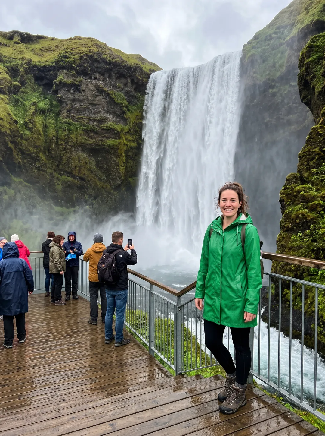 Photo of a woman in a green raincoat in front of a tall waterfall, with other people in the frame