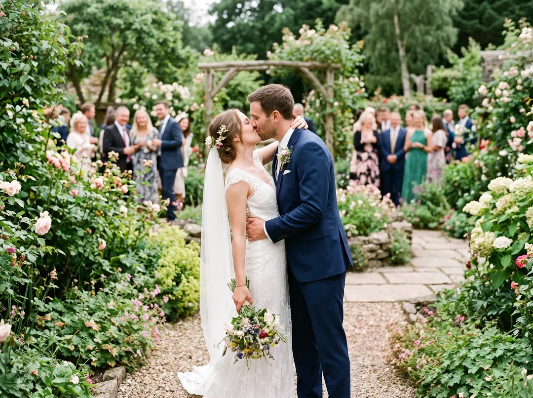 Photo of a bride and groom kissing in a garden, after removing a guest holding up a phone
