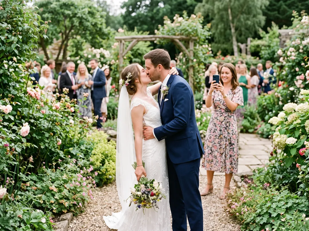 Photo of a bride and groom kissing in a garden, with other people in the frame